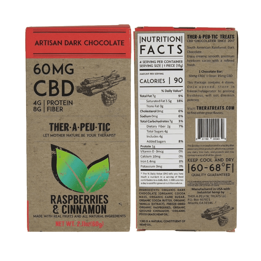 therapeutic treats raspberries & cinnamon cbd chocolate 60mg bar